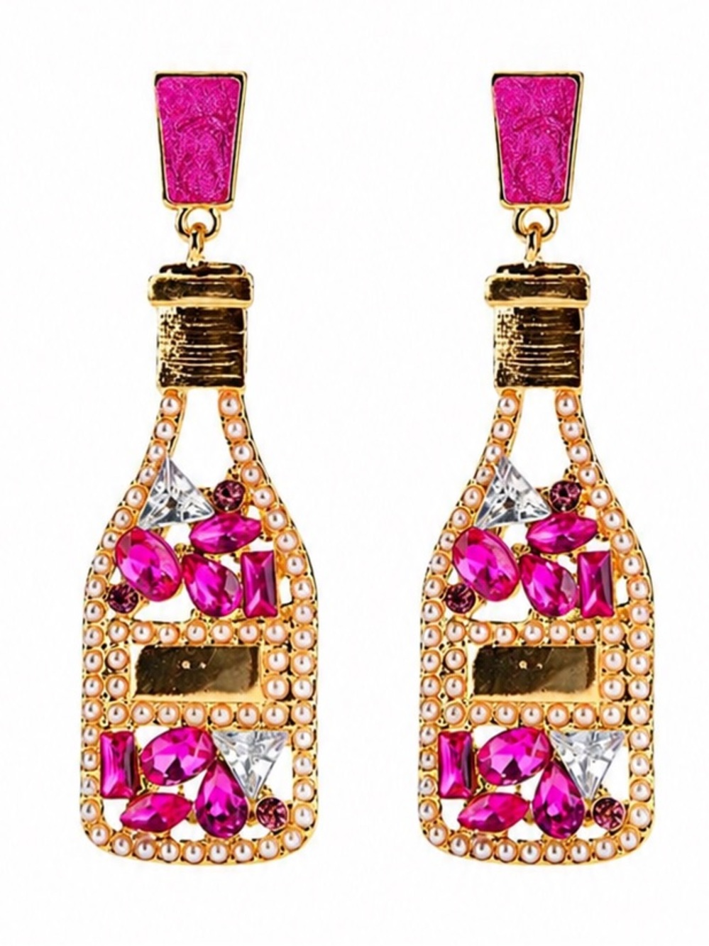 Dark Pink Rhinestone Champagne Bottle Statement Earrings